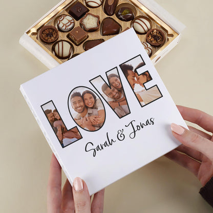 Personalisierte Lindt Pralinenbox mit LOVE-Fotomotiv, 4 Fotos in den Buchstaben und Wunschtext „Sarah & Jonas“ als Valentinstagsgeschenk