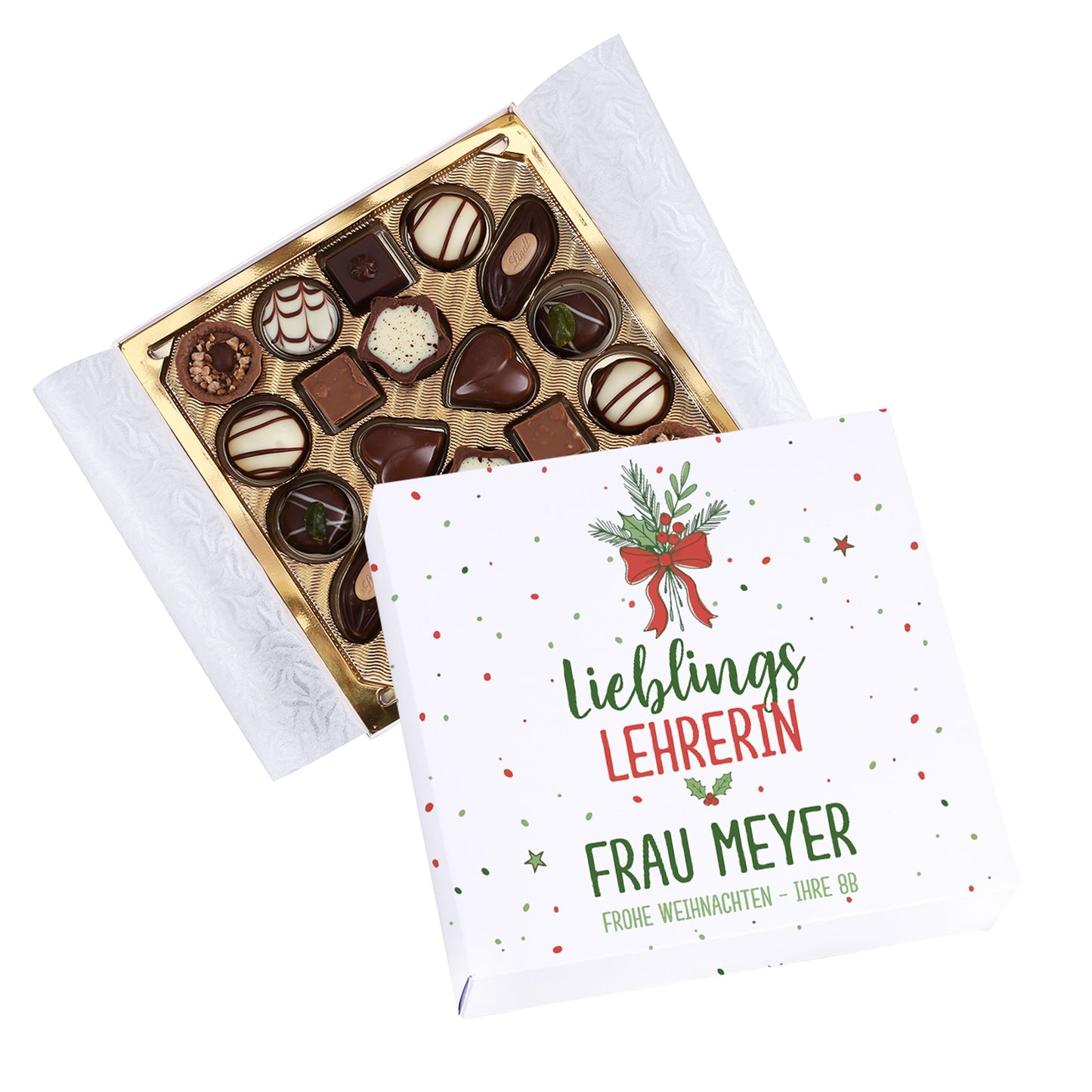 Geschenkbox „Lieblingsmensch“ mit Wunschtext, geöffnet und gefüllt mit Lindt Mini-Pralinés, weihnachtlich dekoriert.