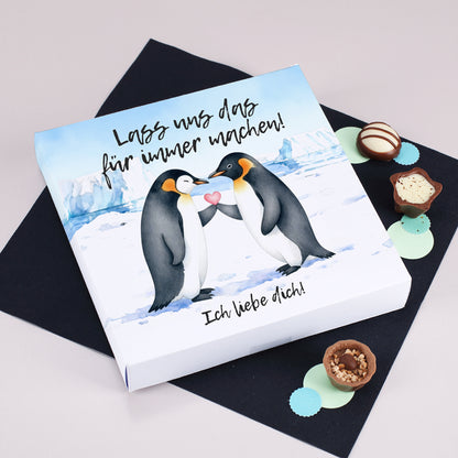 Pralinenbox zum Valentinstag mit liebevoll gestalteten Pinguinen und Herzmotiv, personalisierbar mit Wunschtext