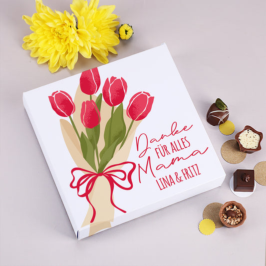 Personalisierte Lindt Pralinenbox mit Tulpenmotiv und Schriftzug Danke für alles Mama mit Wunschtext