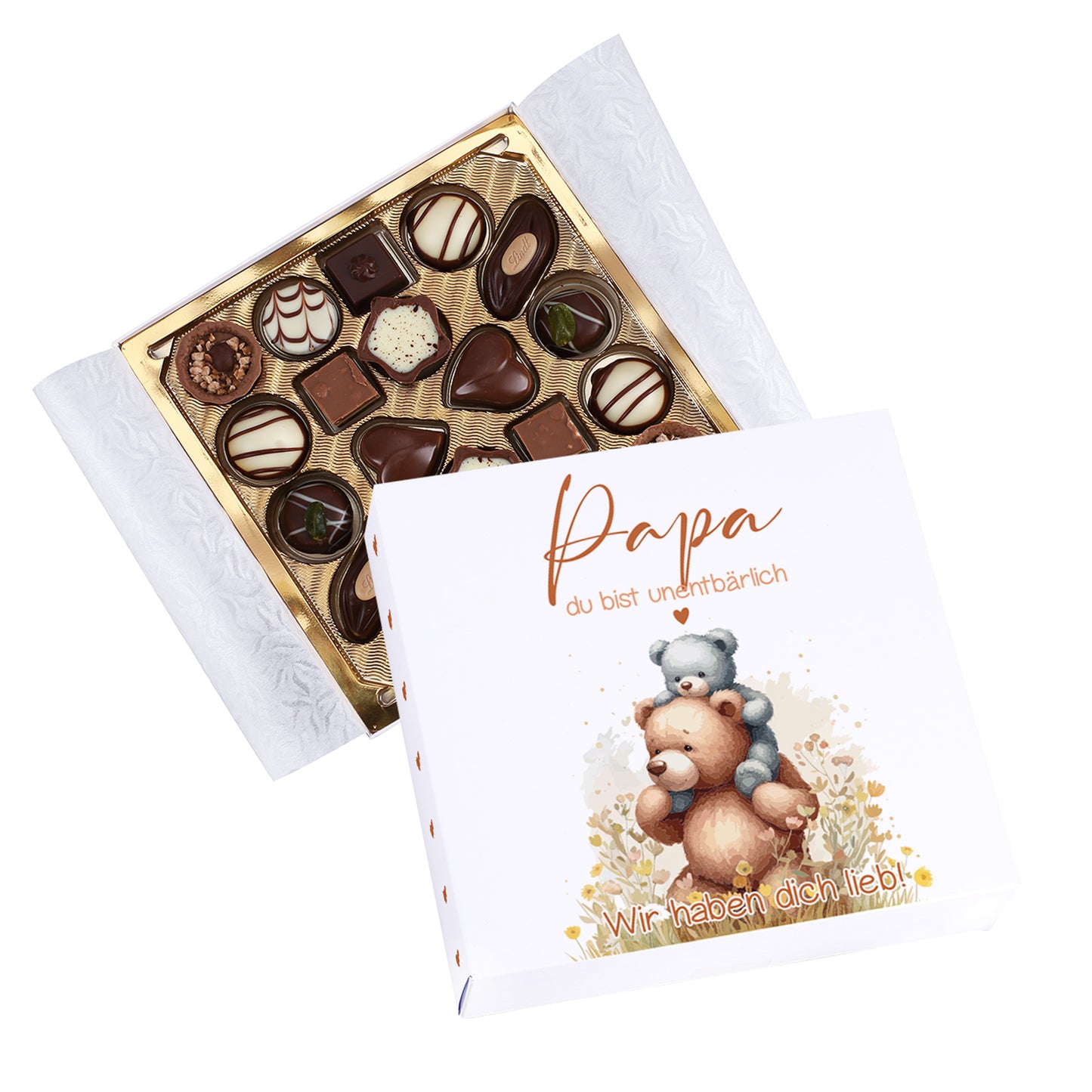 Lindt Pralinen als Geschenk für Papa zum Vatertag personalisiert mit Wunschtext und Bär Motiv