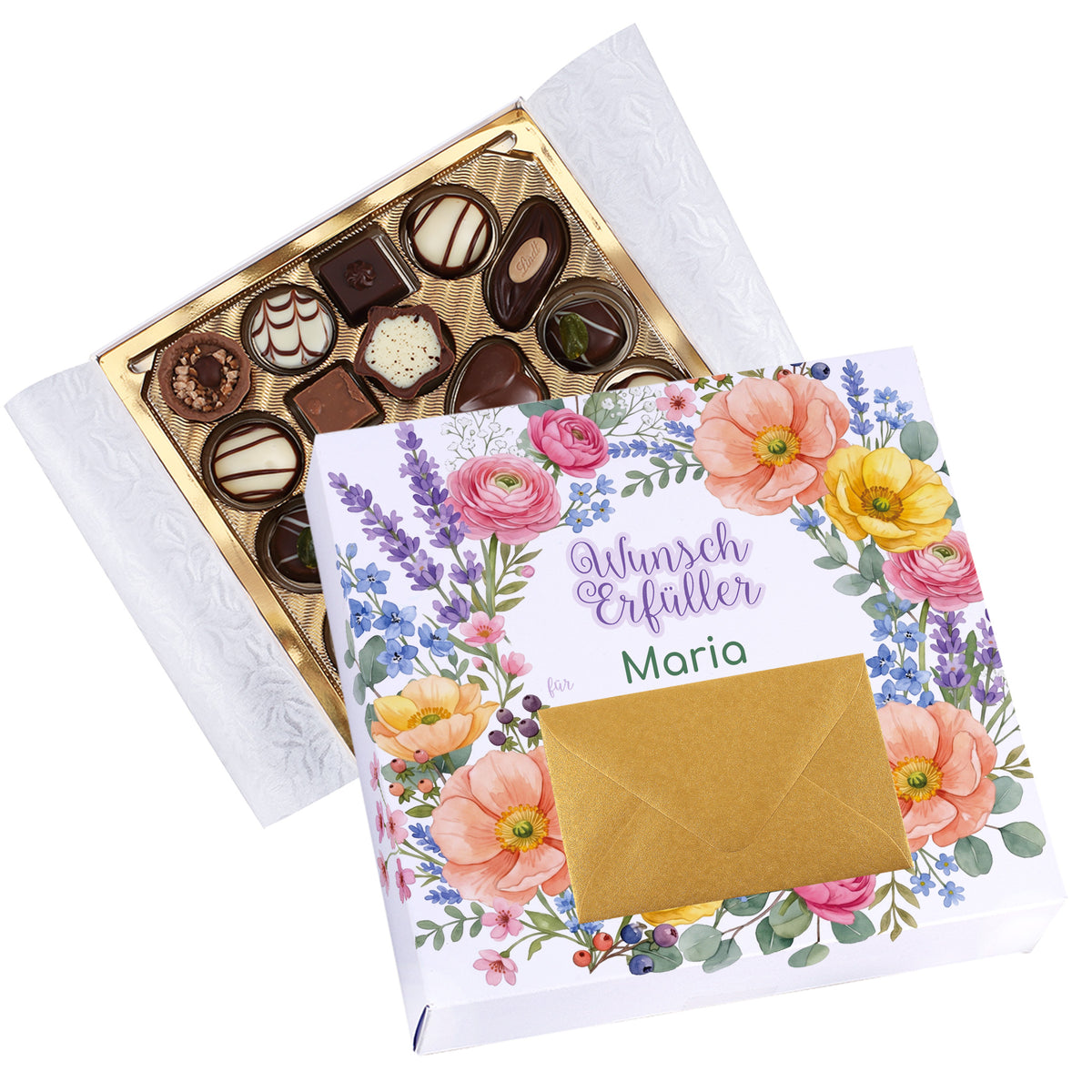 Geöffnete Lindt Pralinenschachtel mit Wunscherfüller Blumenmotiv, Name Maria und Geldumschlag
