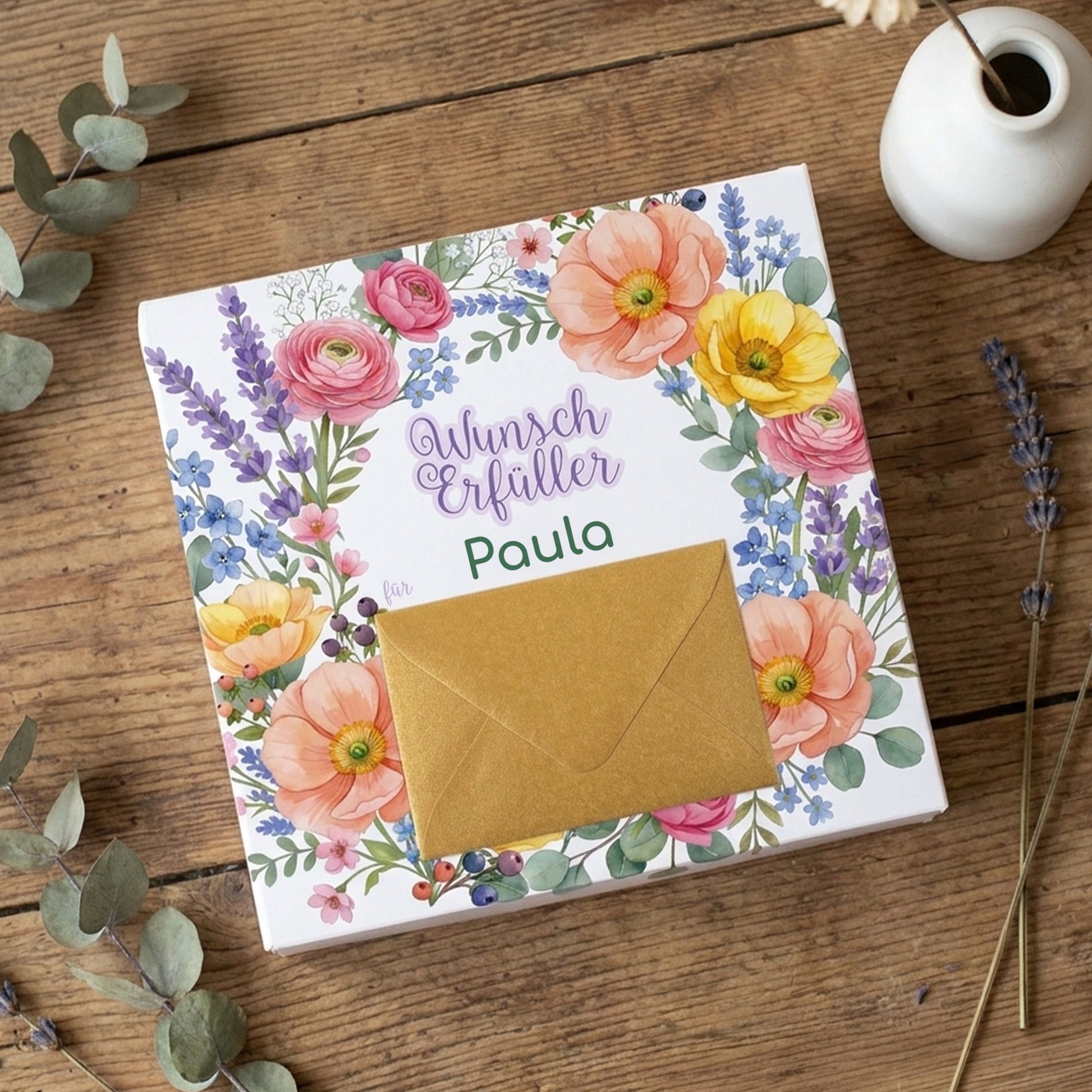 Personalisierte Lindt Pralinenschachtel mit Name Paula, floralem Wunscherfüller Motiv und Geldumschlag