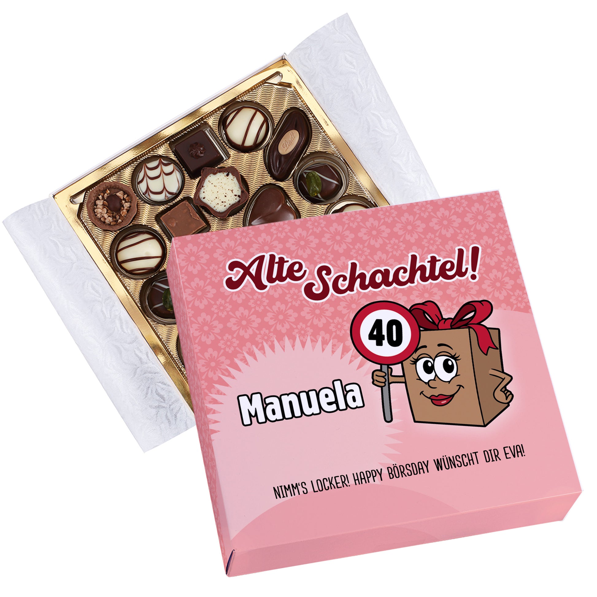 Geöffnete Lindt Pralinenschachtel Alte Schachtel mit personalisiertem Deckel und sichtbaren Lindt Mini Pralinés