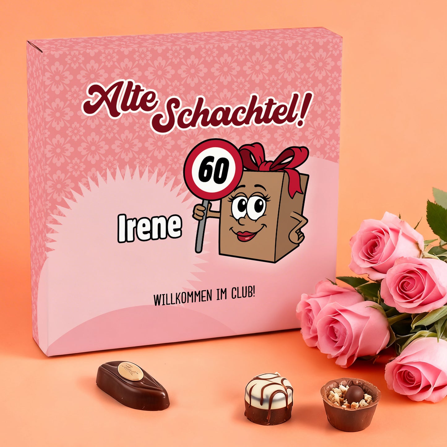 Lindt Pralinenschachtel Alte Schachtel mit Name Irene und Alter 60 neben Rosen und Pralinen