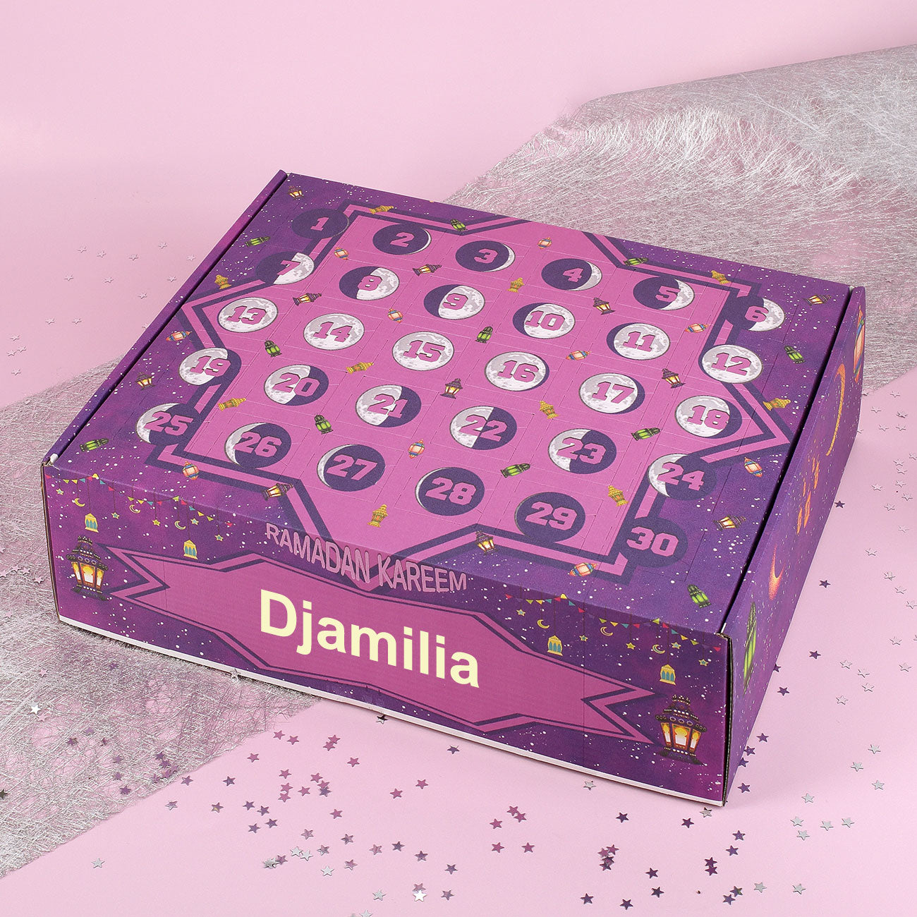 Personalisierter DIY Ramadankalender zum selbst Befüllen bedruckt mit Laternen und Mondphasen