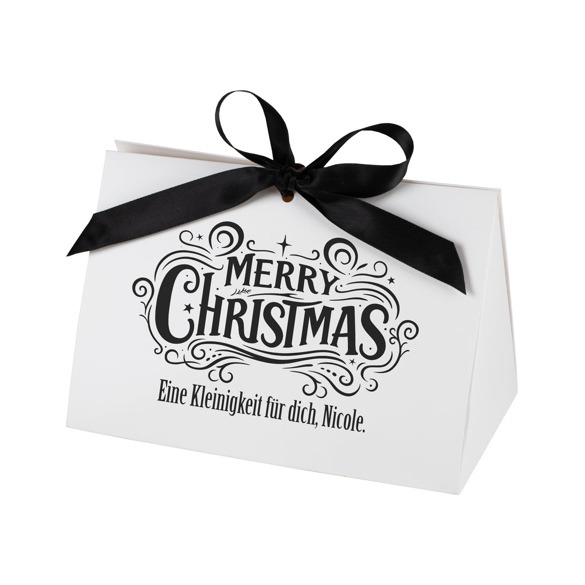 Edle Weihnachts-Geschenkverpackung mit schwarzer Satinschleife, „Merry Christmas“-Aufdruck und persönlichem Text „Eine Kleinigkeit für dich, Nicole“