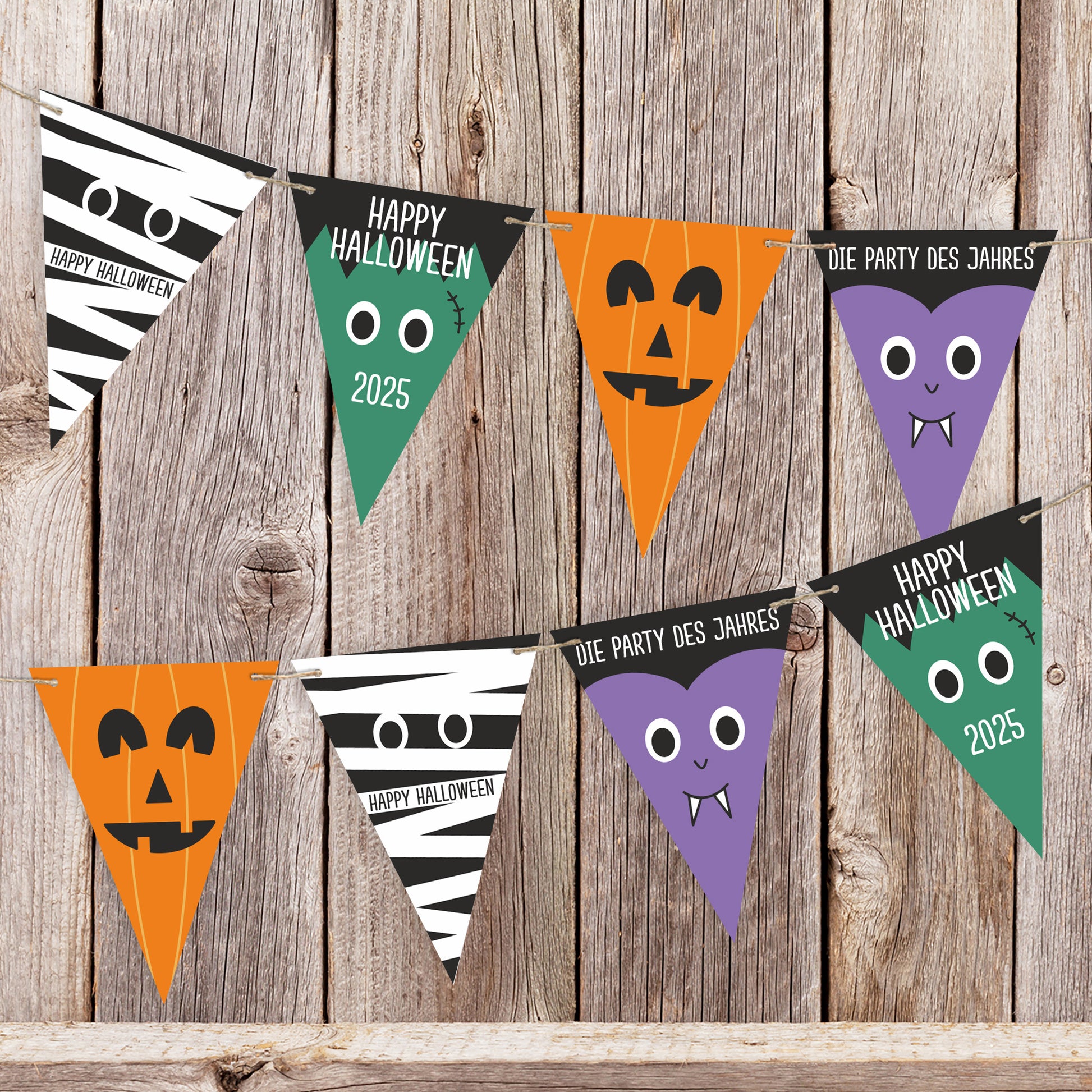 Halloween-Wimpelkette dekorativ vor Holzwand befestigt – perfekte Partydeko mit Personalisierung.