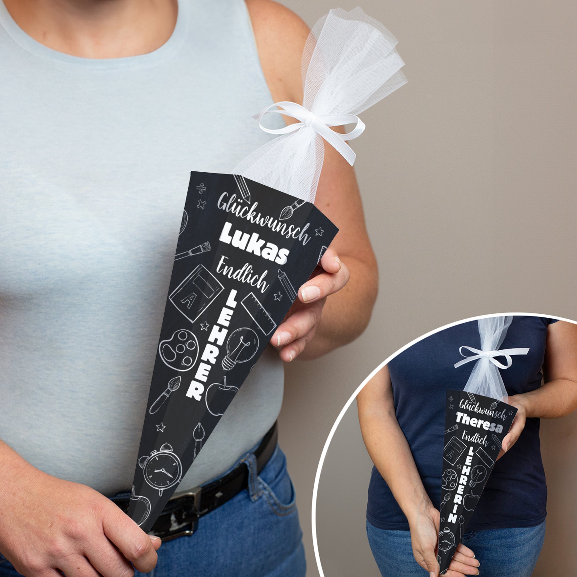 Kleine Schultüte „Endlich Lehrer/in“ – Personalisierte Zuckertüte für Erwachsene