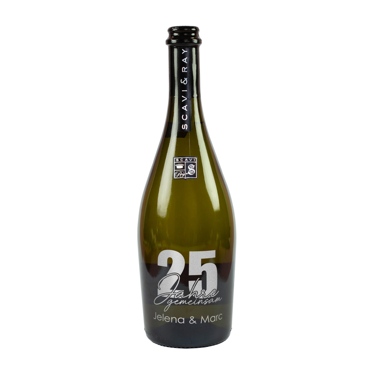 Freigestellte Scavi & Ray Prosecco-Flasche zur Silberhochzeit mit Aufdruck 25 Jahre gemeinsam und Namen Jelena & Marc