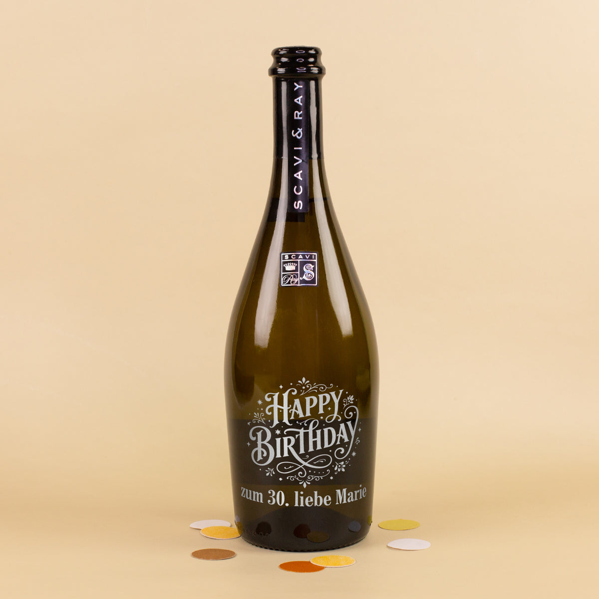 Scavi & Ray Prosecco zum Geburtstag mit Happy-Birthday-Motiv und personalisiertem Text „zum 30. liebe Marie“