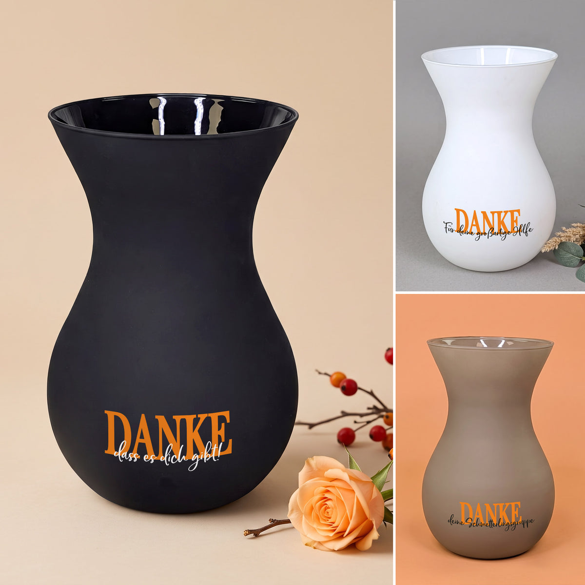 Personalisierte Ritzenhoff Vase in Schwarz, Weiß und Braun mit DANKE und individuellem Wunschtext