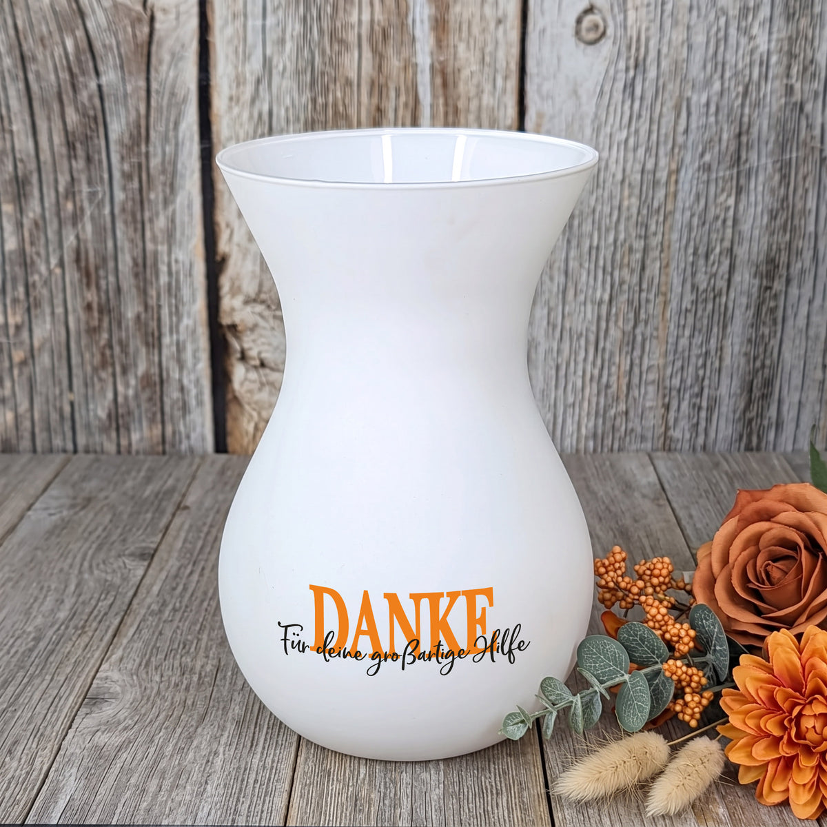 Weiße personalisierte Ritzenhoff Vase mit DANKE, Wunschtext und dekorativen Blumen