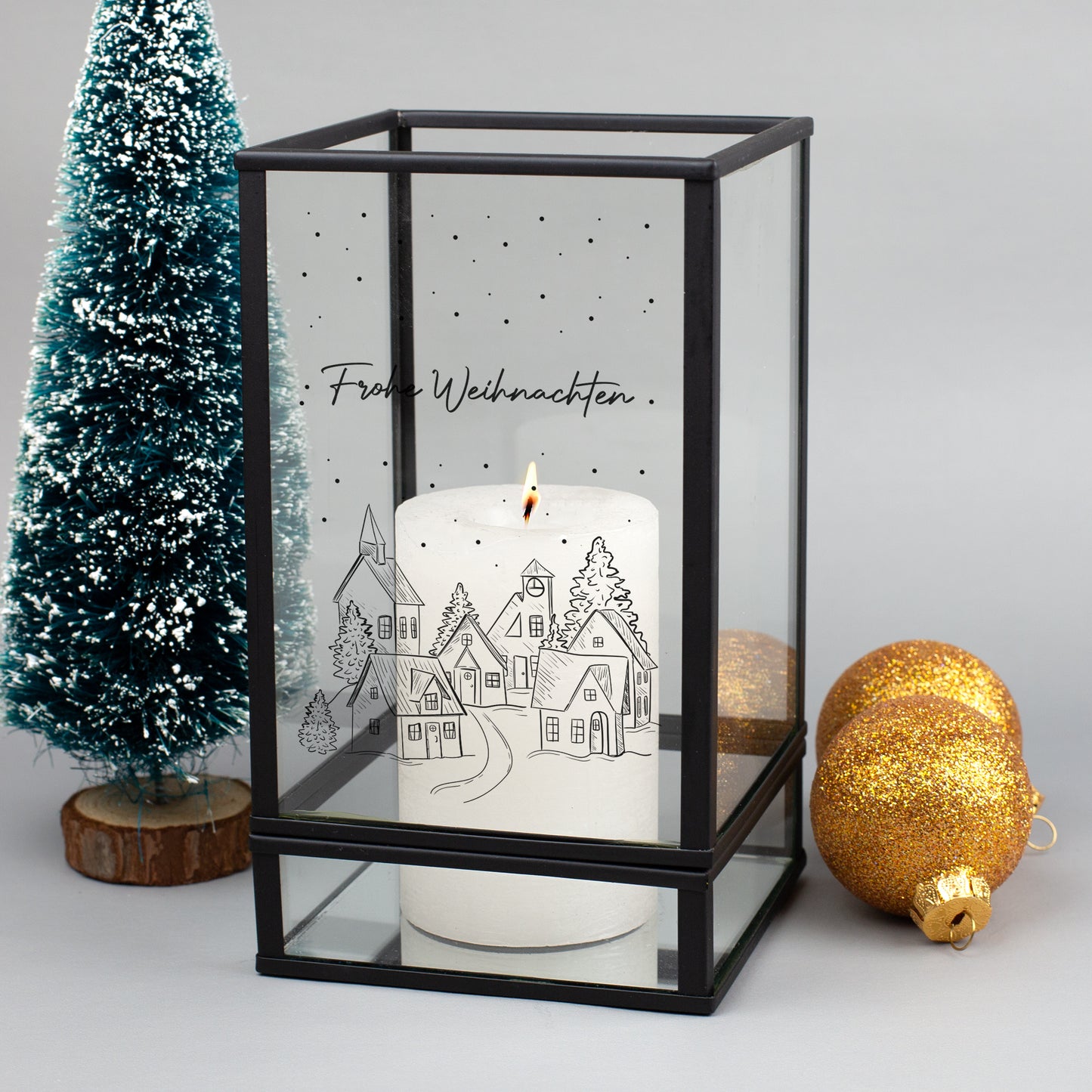 Schwarzes Windlicht mit Wunschtext für Weihnachten, Deko mit Kerze