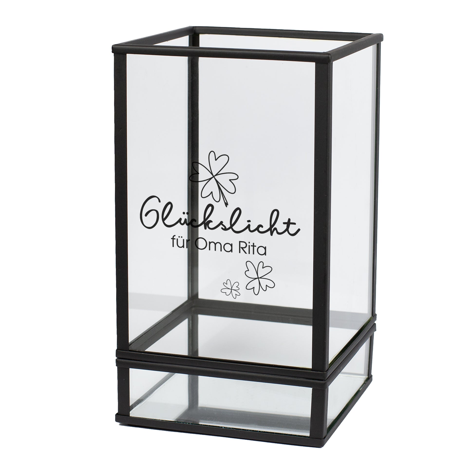 Schwarzes Windlicht Glückslicht aus Glas mit Wunschtext