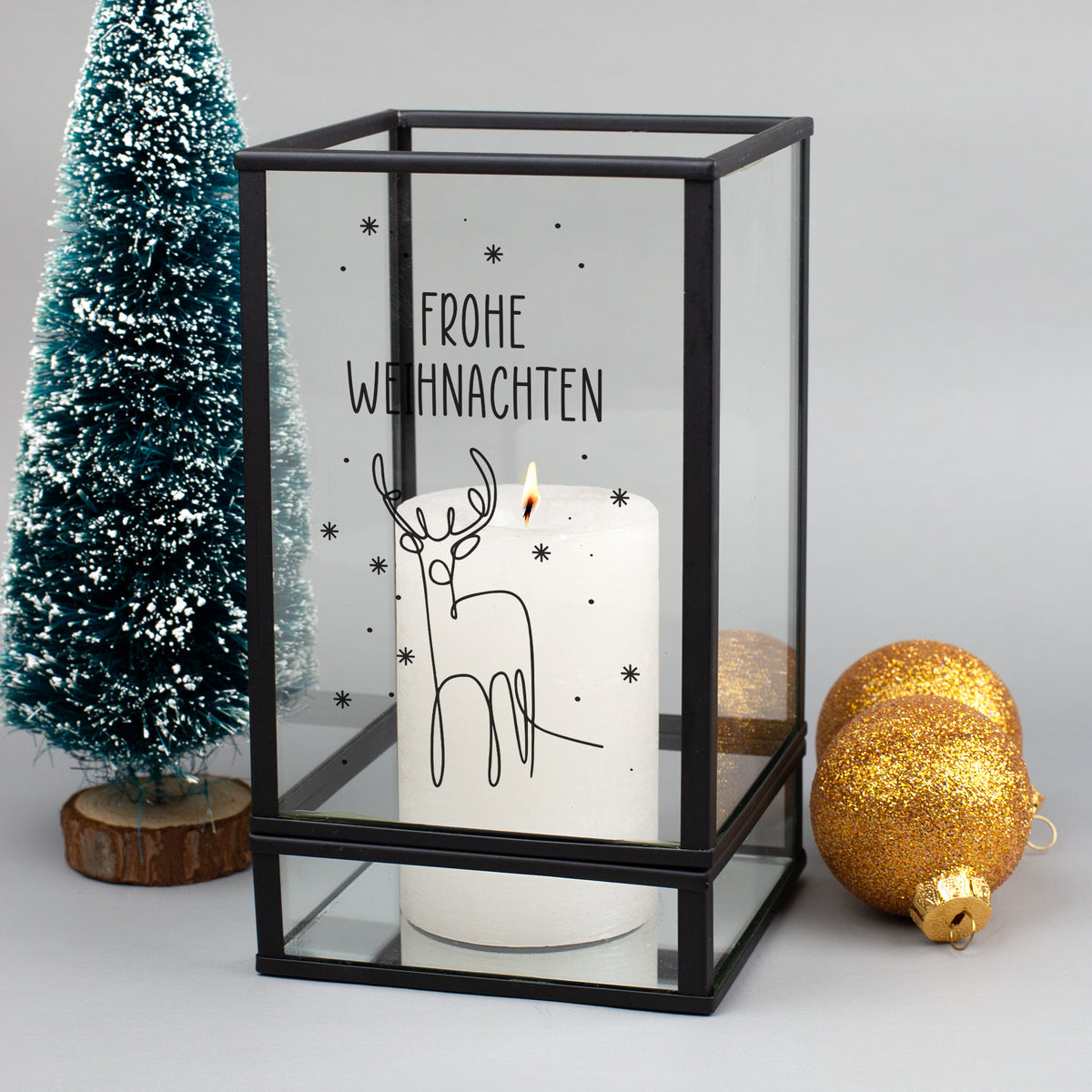 Windlicht zu Weihnachten personalisiert mit Wunschtext und Rentiermotiv –