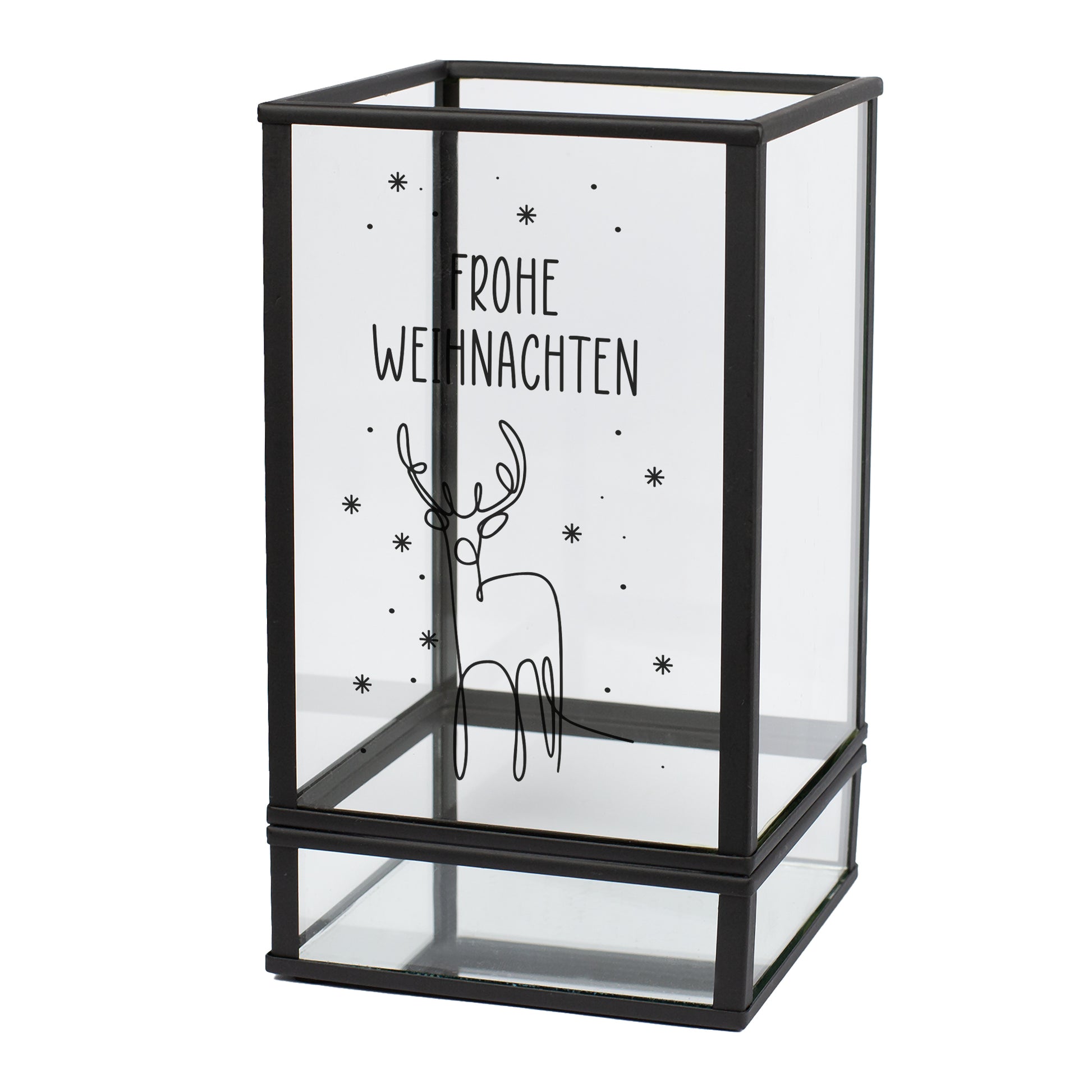Weihnachtslaterne aus Glas und Metall mit Hirsch-Motiv und Aufschrift Frohe Weihnachten