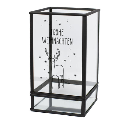 Weihnachtslaterne aus Glas und Metall mit Hirsch-Motiv und Aufschrift Frohe Weihnachten