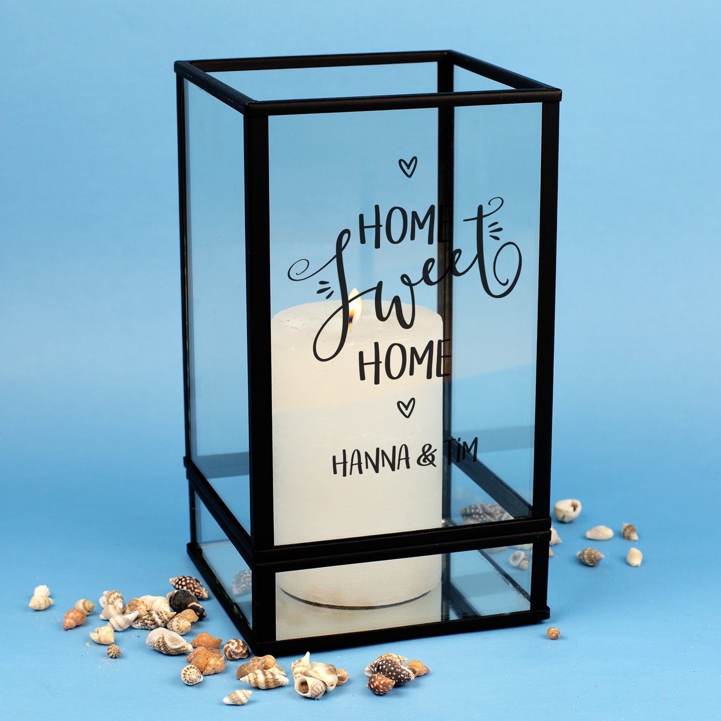 Windlicht Laterne Home Sweet Home mit Spiegelglasboden und rosa Kerze