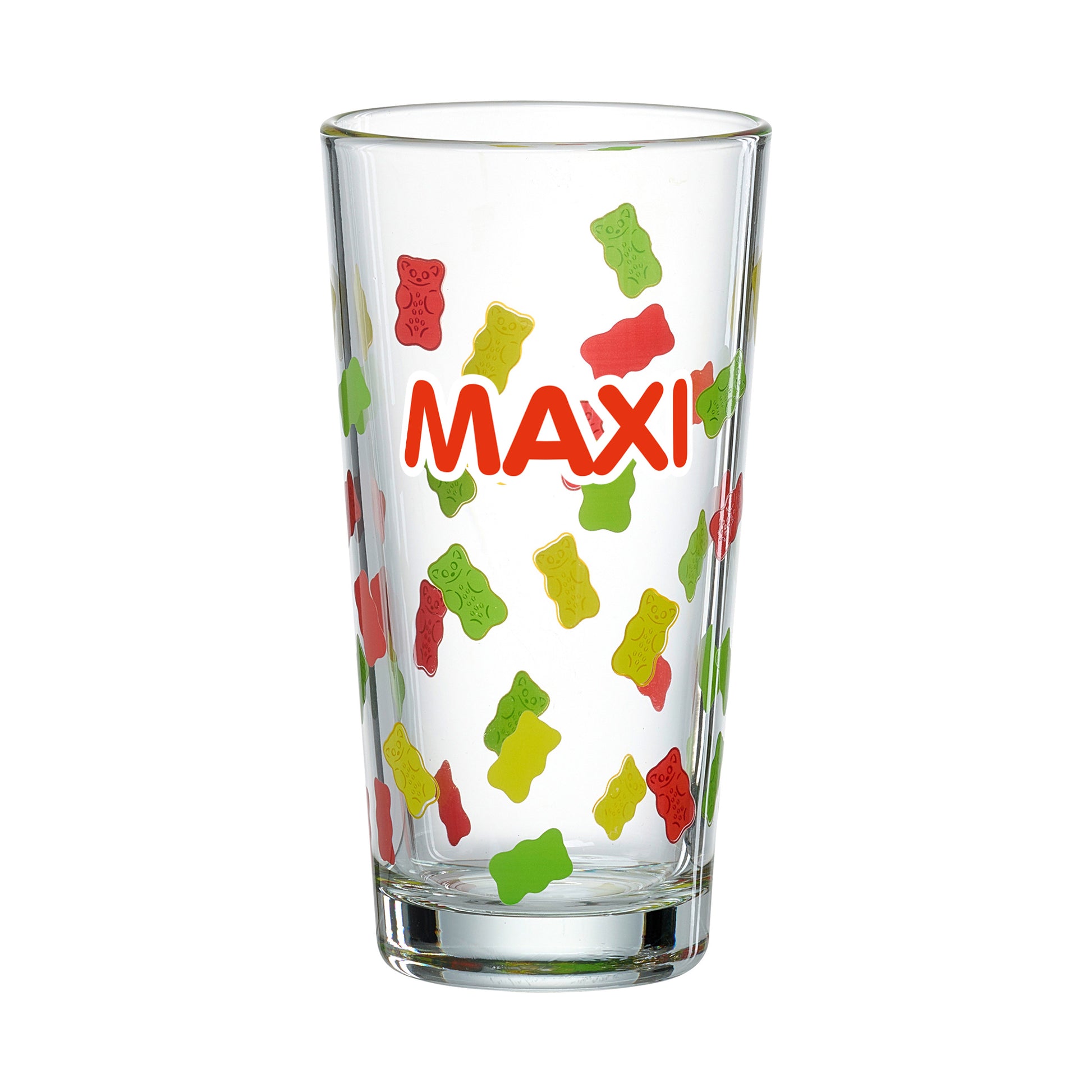 Freistehendes HARIBO Trinkglas mit Gummibärchen-Muster und Namensdruck „Maxi“, Produktfoto vor weißem Hintergrund.