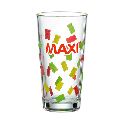 Freistehendes HARIBO Trinkglas mit Gummibärchen-Muster und Namensdruck „Maxi“, Produktfoto vor weißem Hintergrund.