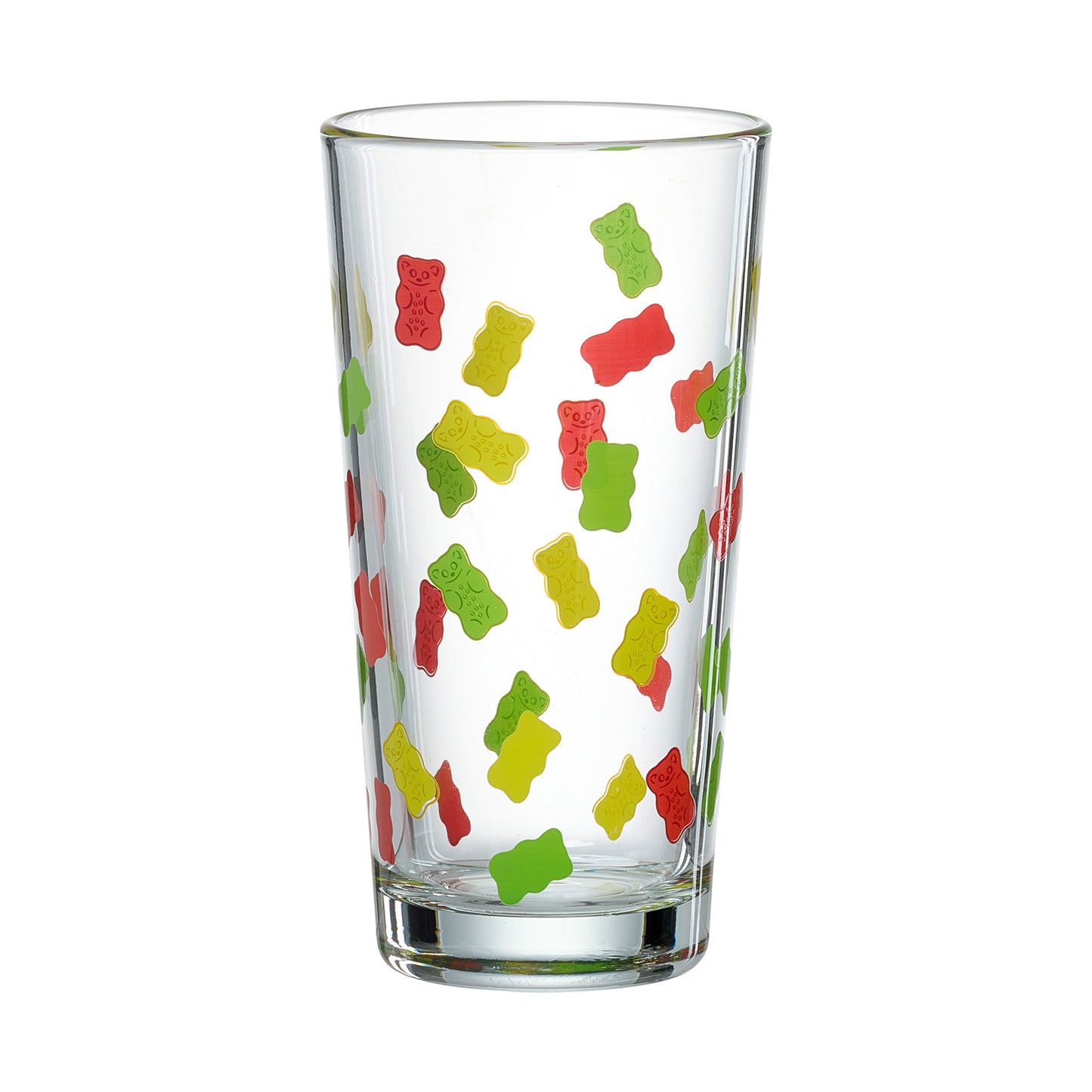 HARIBO Trinkglas mit Gummibärchen Motiv, gefüllt mit rotem Getränk auf Holzscheibe vor blauem Hintergrund