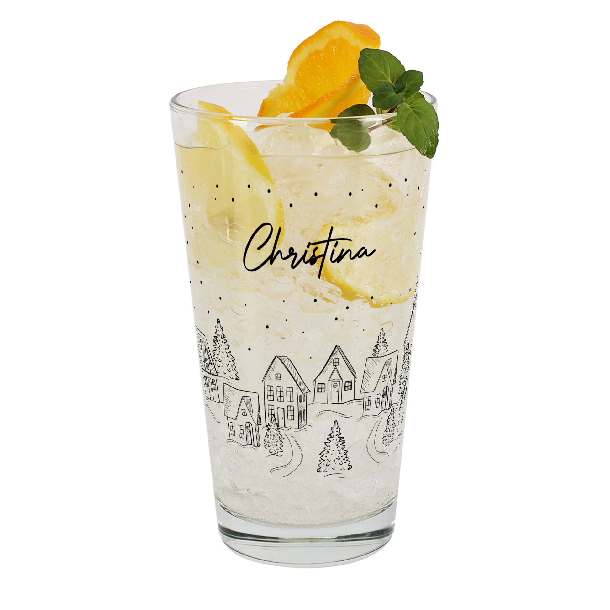 Trinkglas mit Wintermotiv und Namensaufdruck Christina, dekorativ mit Zitrone und Minze.