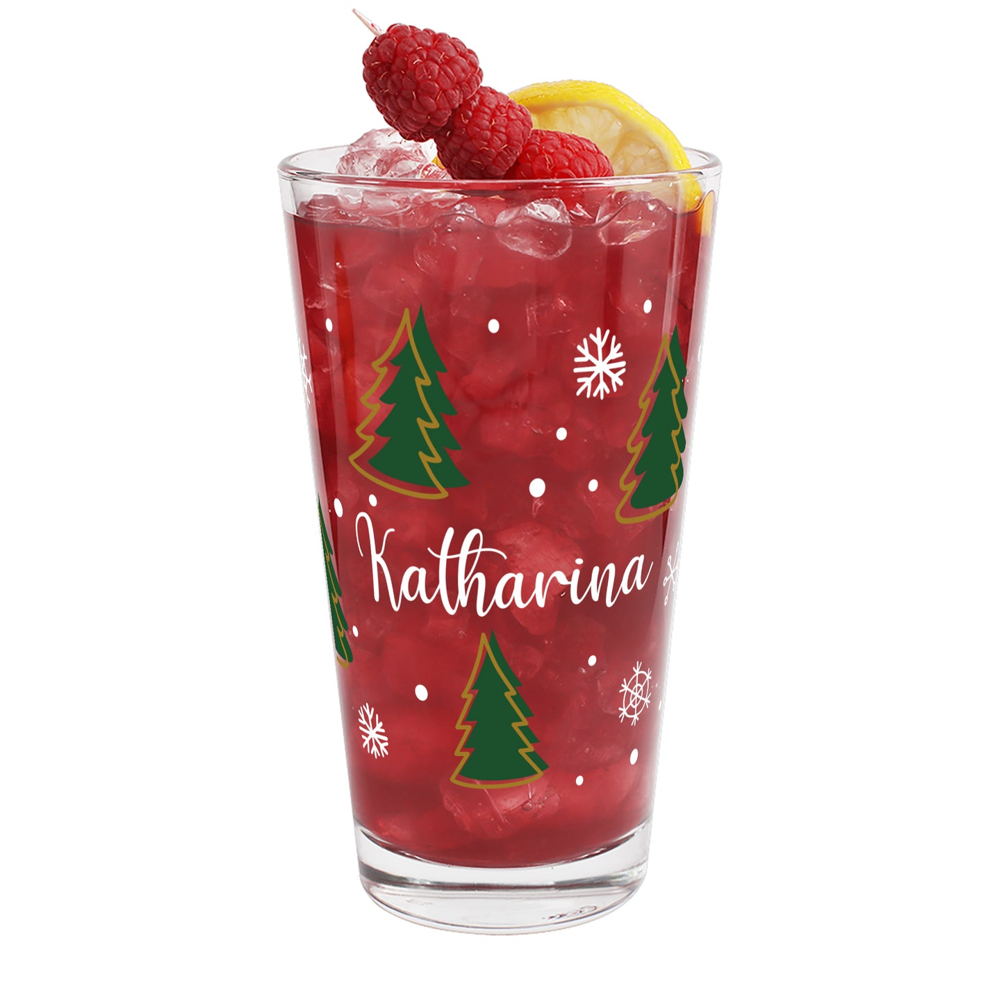 Weihnachtliches Trinkglas mit Tannenbaum-Design, Schneeflocken und personalisiertem Namen – auf hellem Hintergrund.