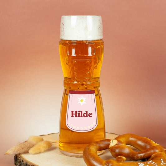 Dirndl-Bierglas mit Schürze, Edelweiß & Name personalisiert in 3 Farben | Geschenk für Frauen