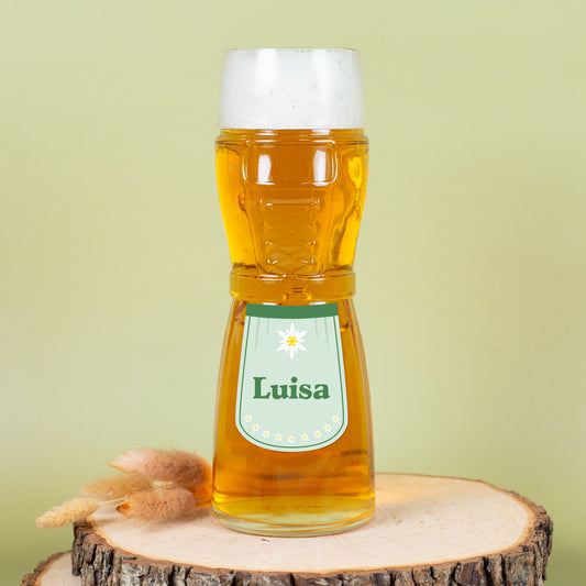 Dirndl-Bierglas mit Schürze, Edelweiß & Name personalisiert in 3 Farben | Geschenk für Frauen