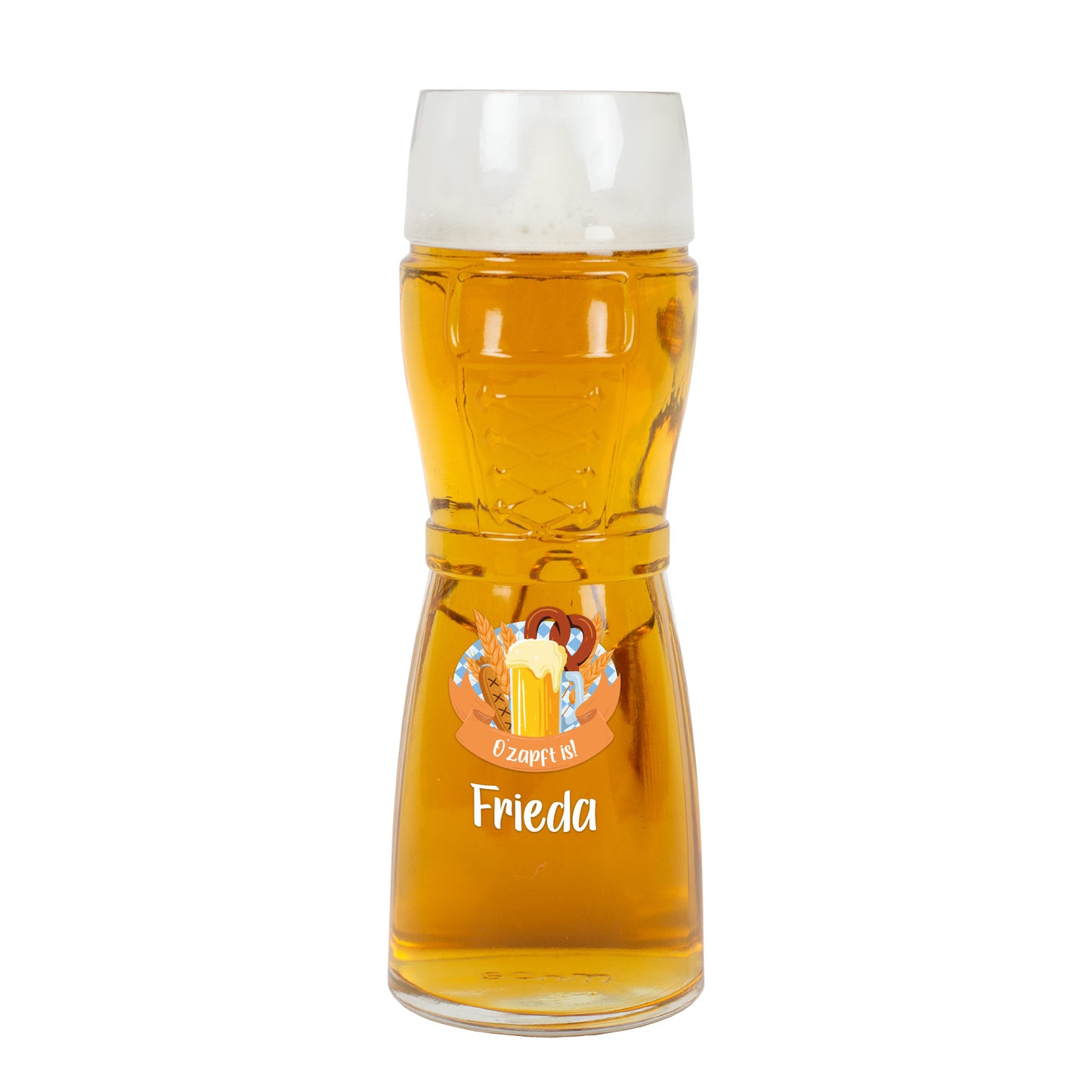 Bierglas mit Brezel- und Maßkrug-Motiv im bayerischen Stil – personalisiert mit Name Frieda, freigestellt