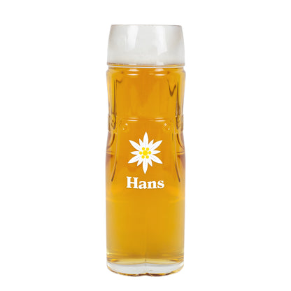 Bierglas Lederhose mit Edelweiß und Name Hans – freigestellt