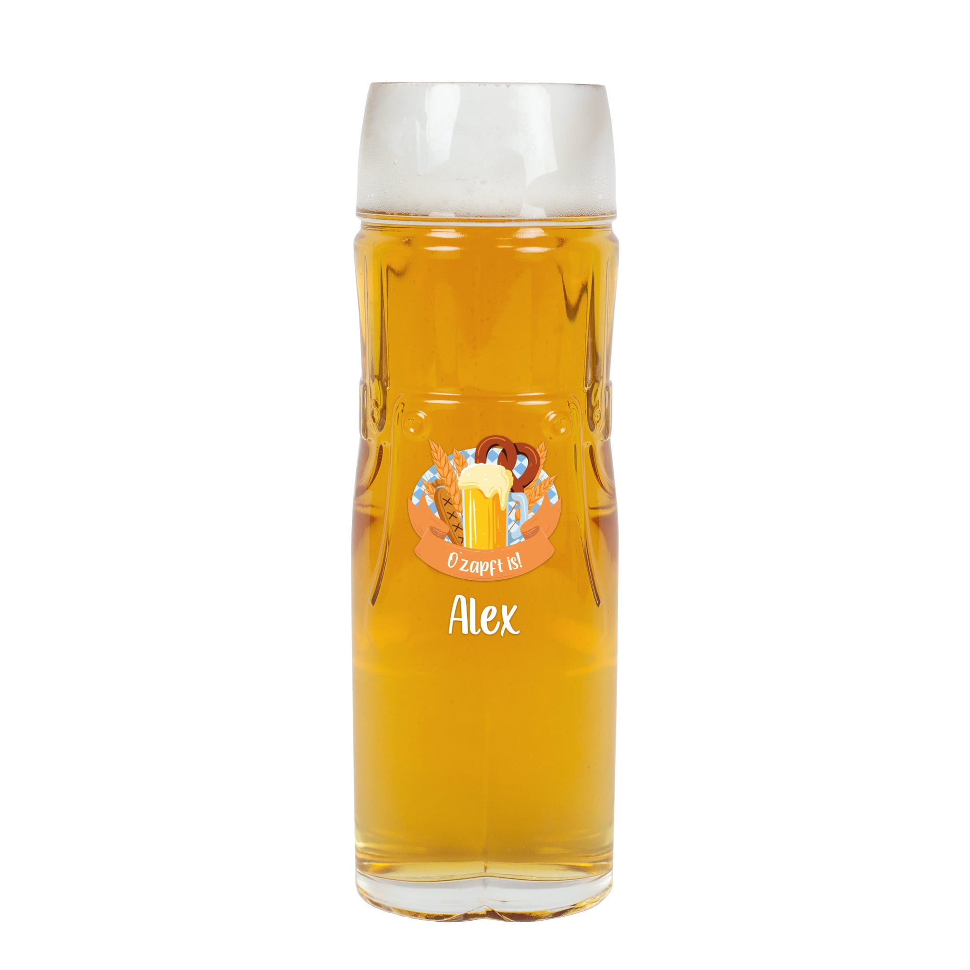 Bierglas mit Brezel- und Maßkrug-Motiv, bayerisches Festdesign – personalisiert mit Name Alex, freigestellt