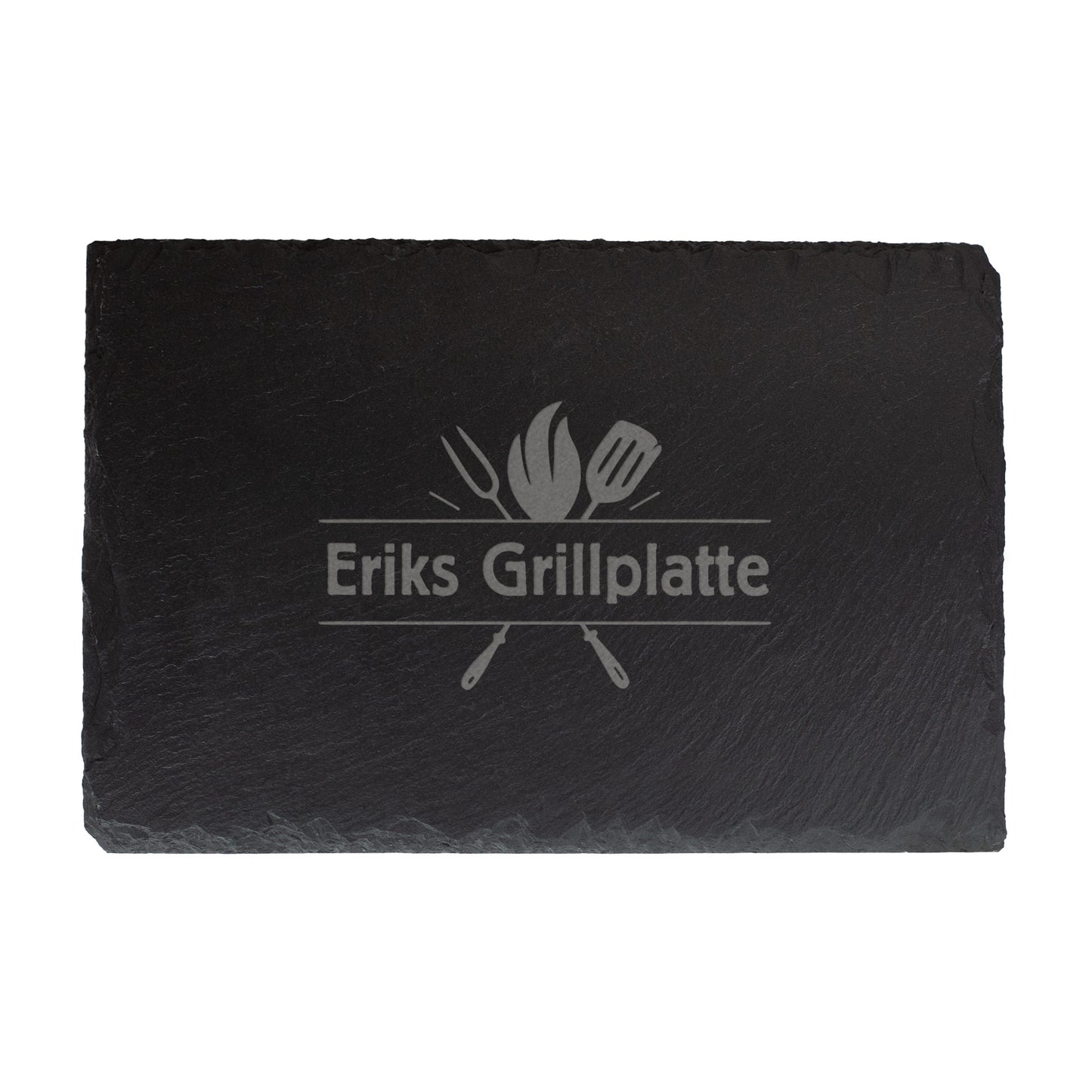 Personalisierte Grill-Schieferplatte mit Gravur „Eriks Grillplatte“ und Grillmotiv, schwarze rechteckige Form