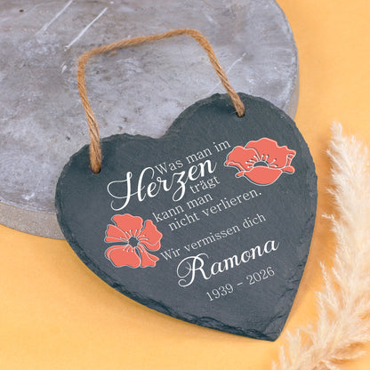 Personalisiertes Schieferherz zur Trauer mit Mohnblumen, Wunschtext, Name und Datum