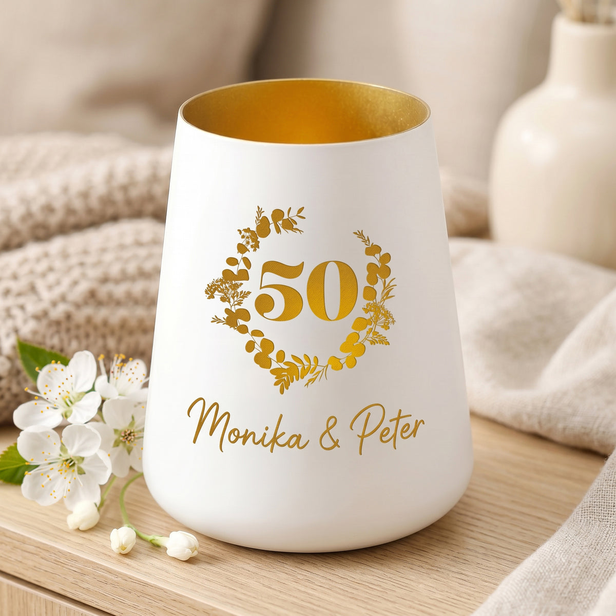 Windlicht zur Goldenen Hochzeit mit Namen personalisiert