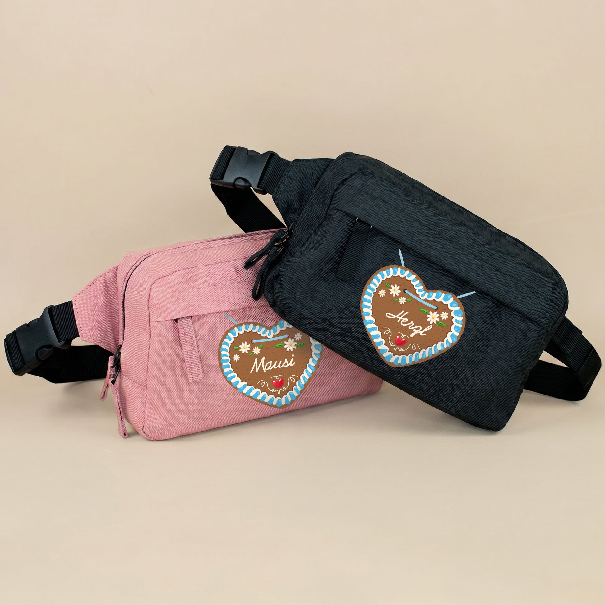 Bauchtaschen in Schwarz und Rosé-Pink mit Lebkuchenherz Motiv und Name personalisiert
