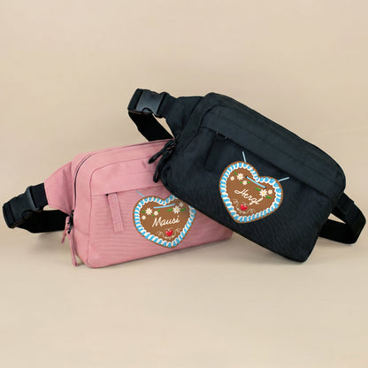 Bauchtaschen in Schwarz und Rosé-Pink mit Lebkuchenherz Motiv und Name personalisiert