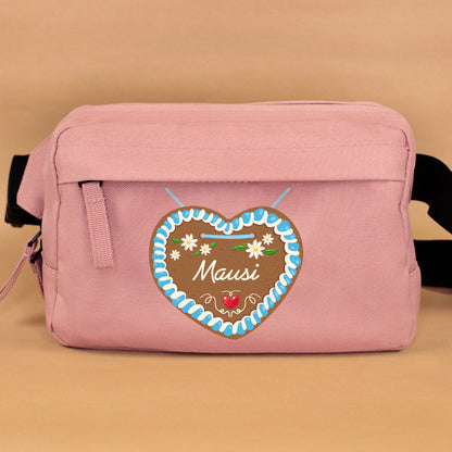 Personalisierte Rosé-Pink Bauchtasche mit Lebkuchenherz Motiv