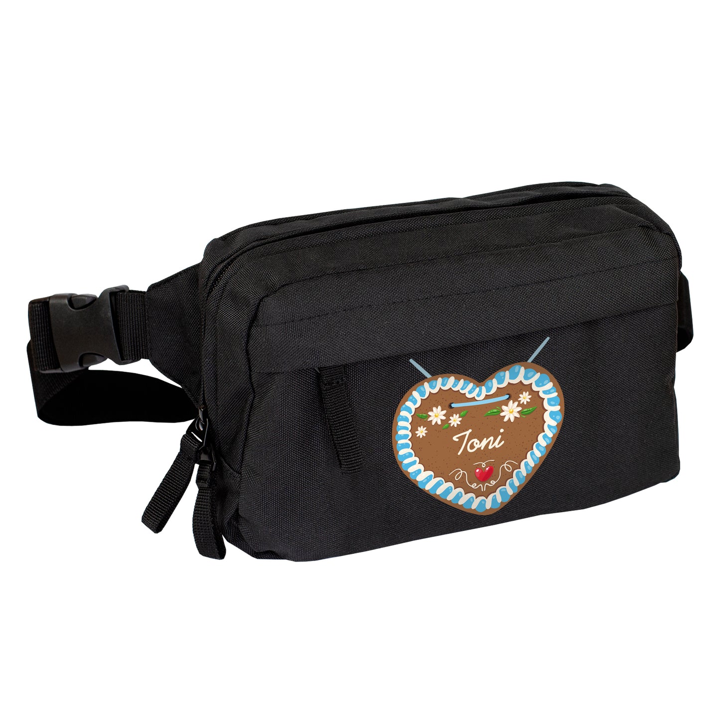 Schwarze Bauchtasche mit Lebkuchenherz und Name personalisiert