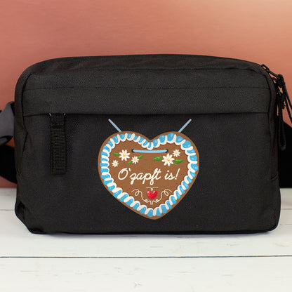 Personalisierte schwarze Bauchtasche mit Lebkuchenherz Motiv für Volksfest