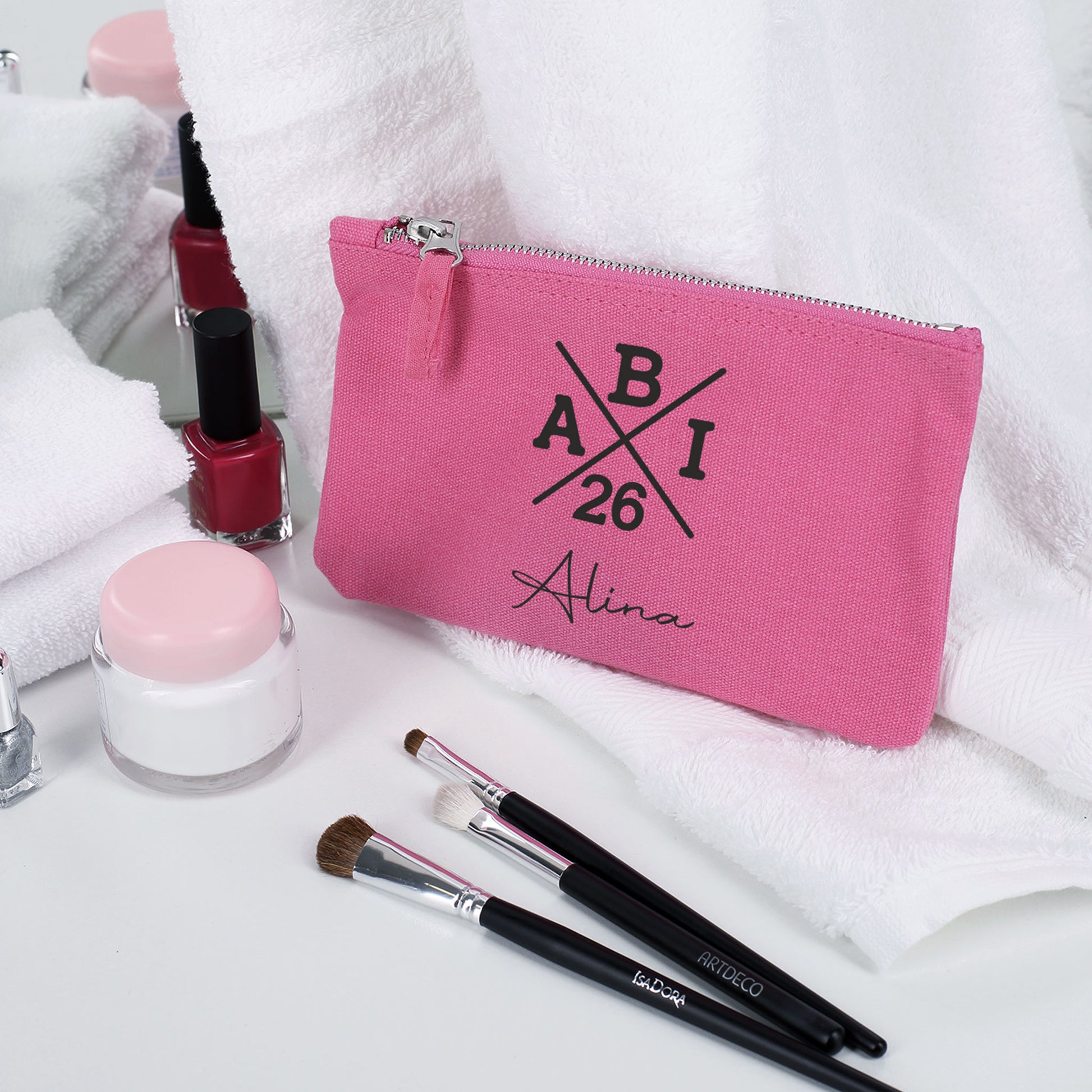 ABI kleine pinke Tasche mit Name "Alina" zum Abitur mit Schminkutensilien