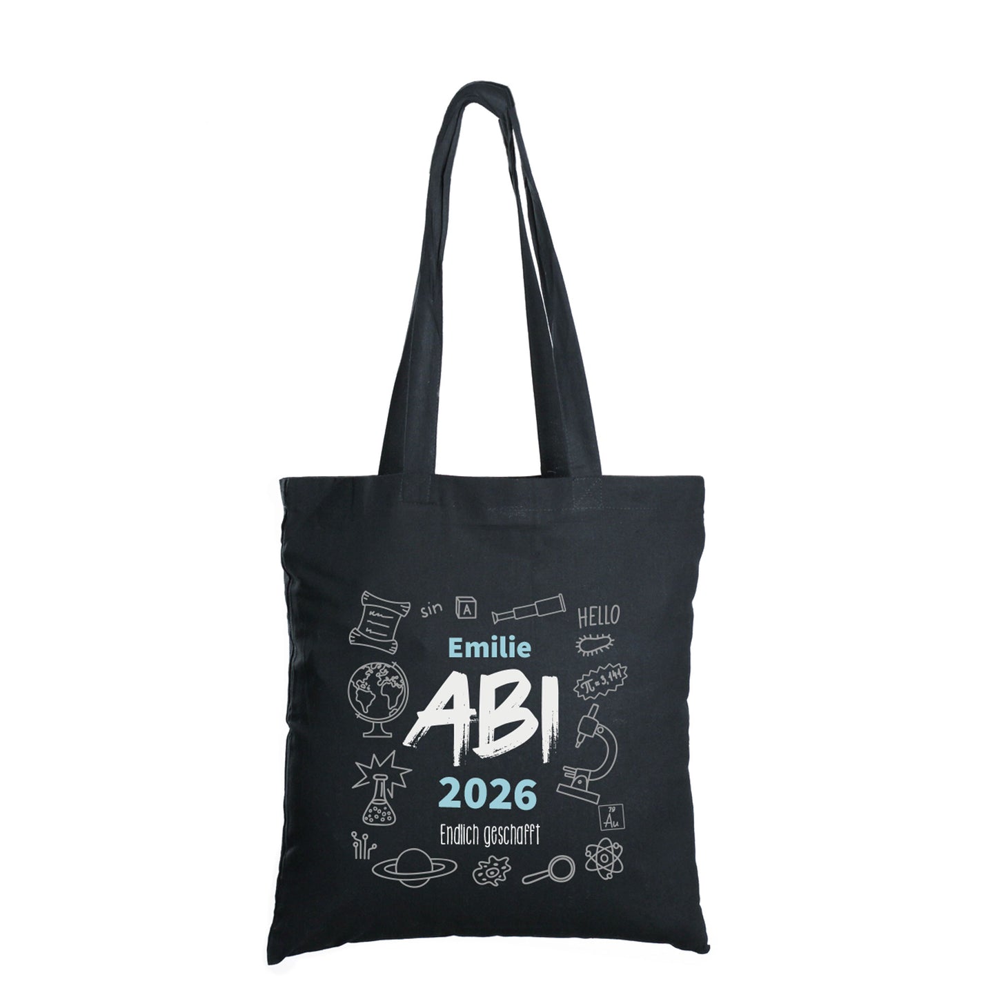 Baumwolltasche zum bestandenen Abitur mit Name, Jahr und Wunschtext freigestellt auf weißem Hintergrund