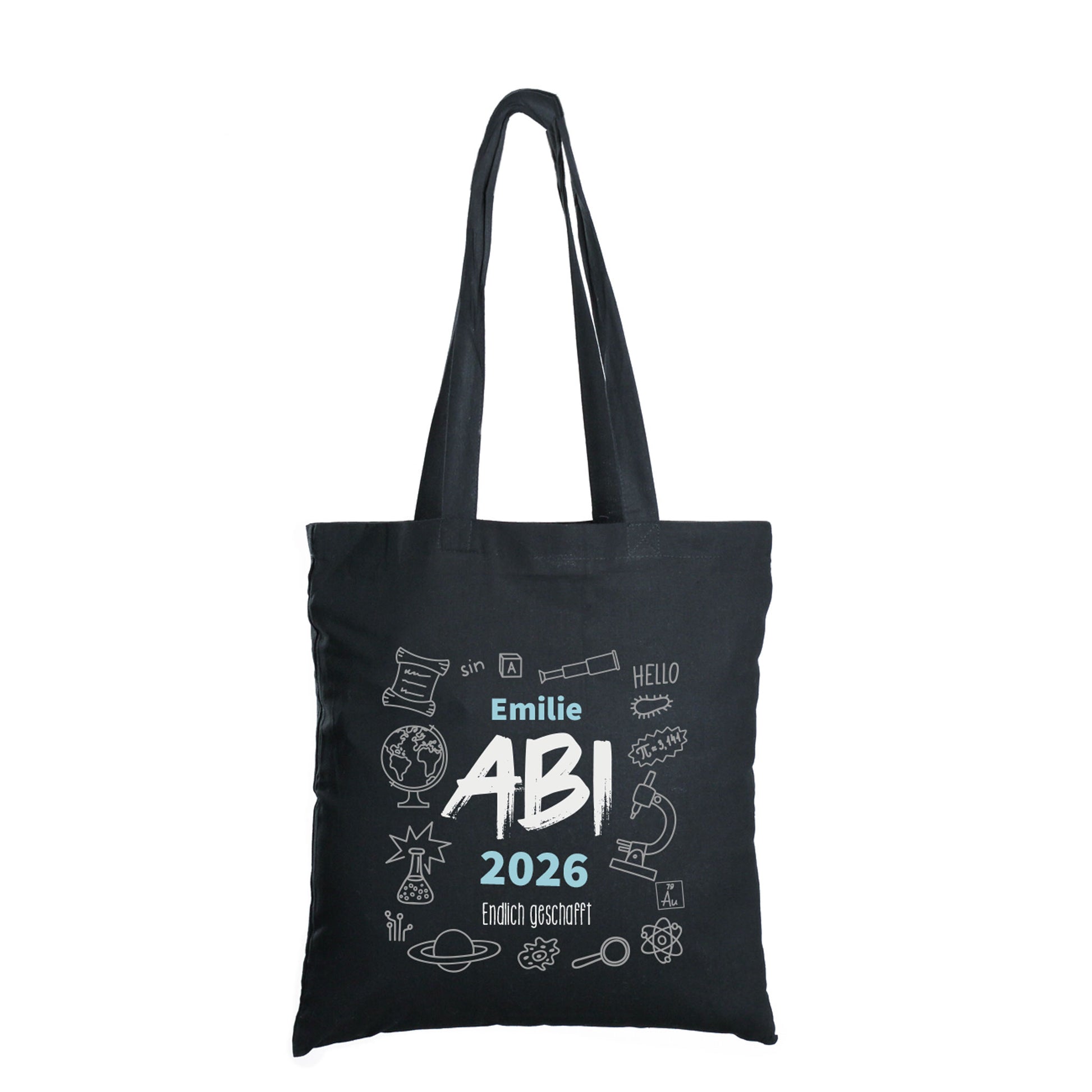 Baumwolltasche zum bestandenen Abitur mit Name, Jahr und Wunschtext freigestellt auf weißem Hintergrund