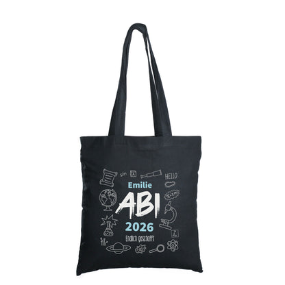 Baumwolltasche zum bestandenen Abitur mit Name, Jahr und Wunschtext freigestellt auf weißem Hintergrund