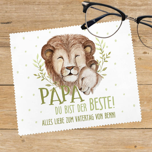 Brillenputztuch zum Vatertag mit Löwen Motiv und Text bedruckt