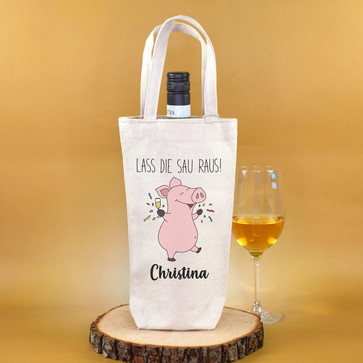Personalisierte Flaschentasche mit Schwein Motiv und Name Christina zum Geburtstag