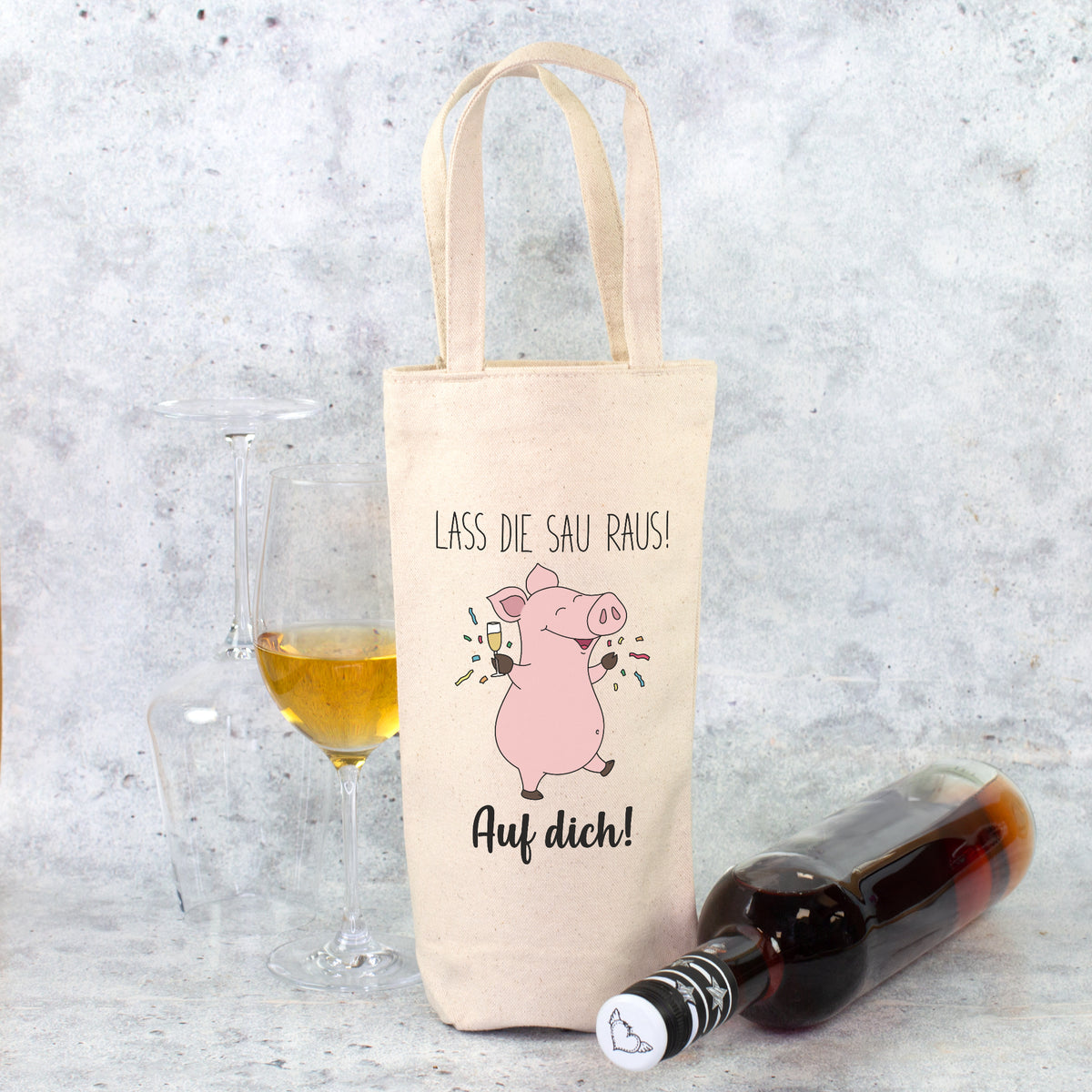 Personalisierte Weinflaschentasche mit Schwein Motiv und Wunschtext Auf dich