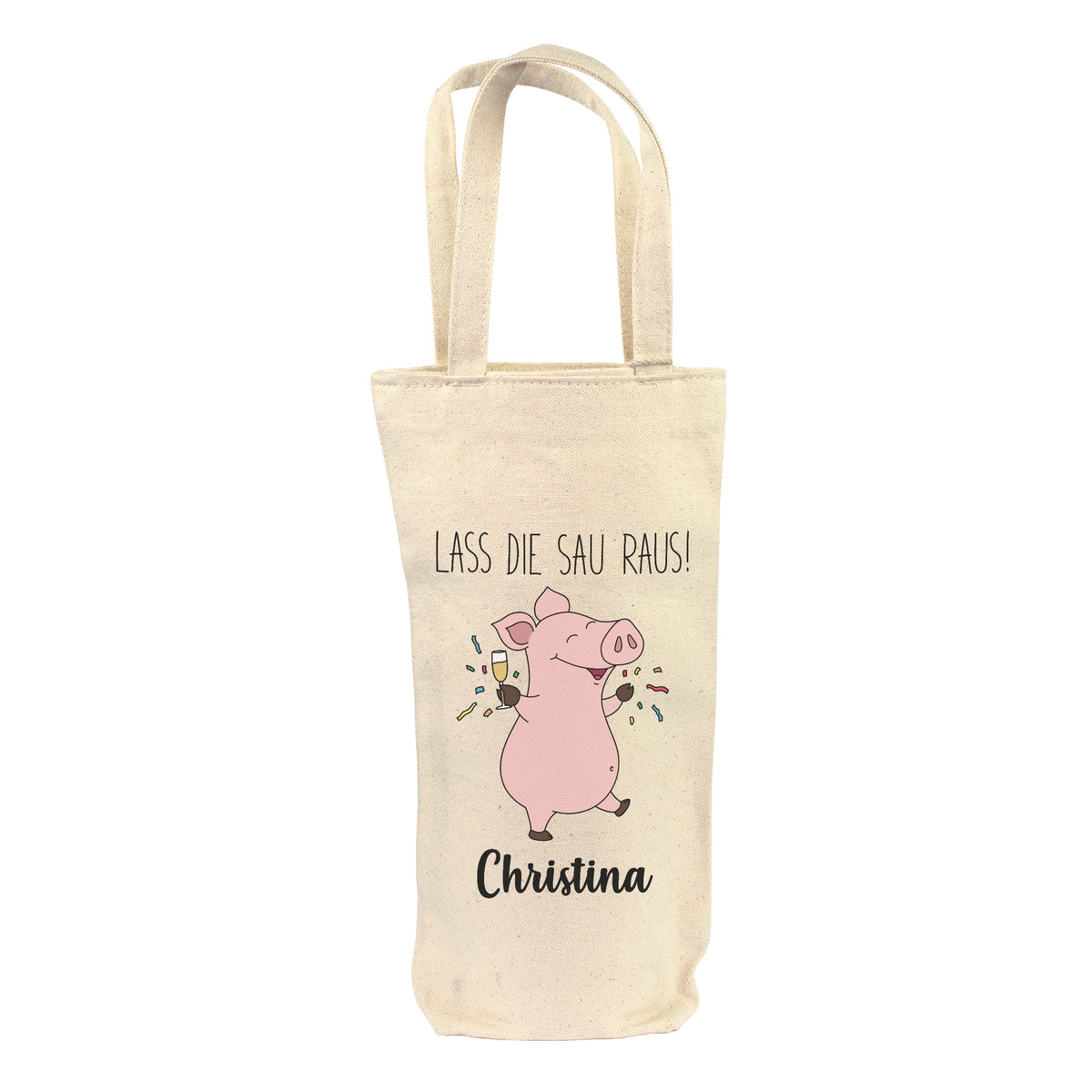 Freigestellte Flaschentasche aus Baumwolle mit Schwein Motiv und Wunschname Christina
