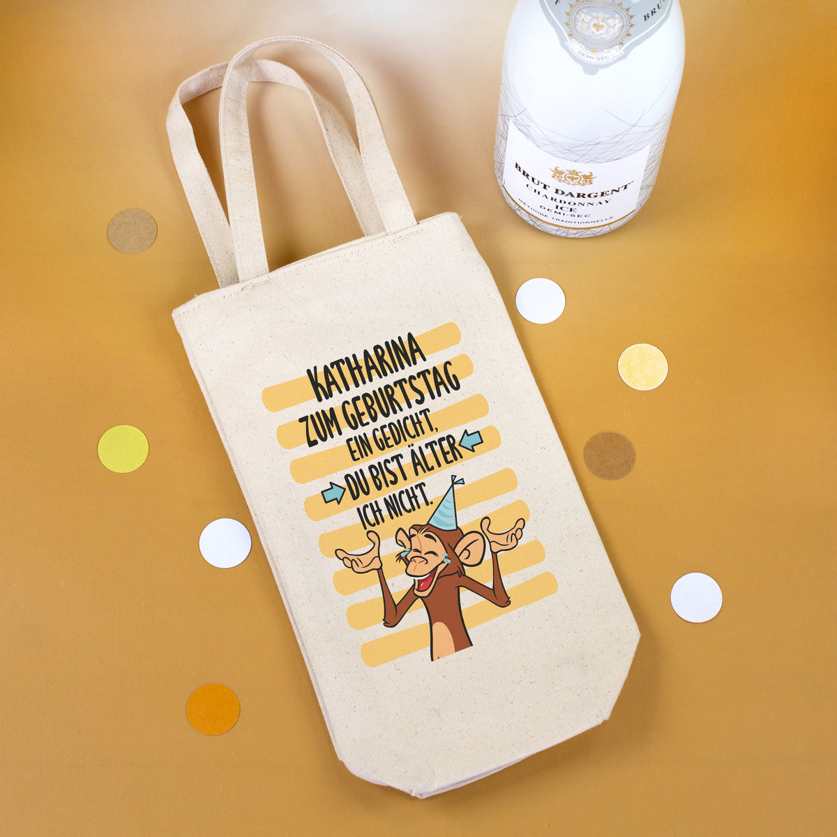 Personalisierte Geburtstags Flaschentasche mit Name Katharina und Comic Motiv